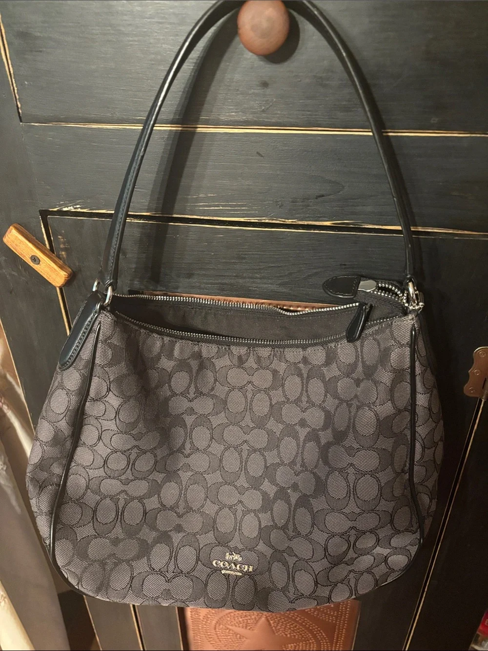 Coach Gray Signature Jacquard Shoulder Bag with Black Trim